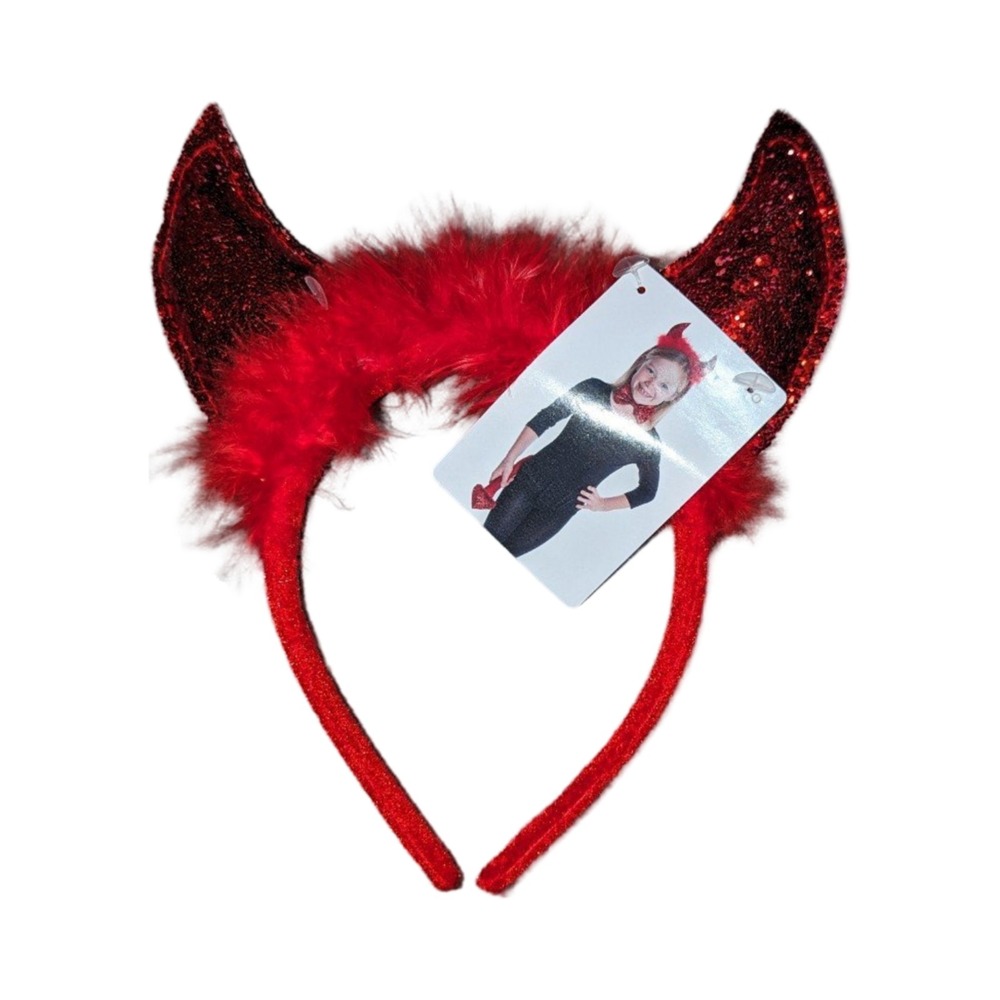Girls Red Devil Horn Headband Glitter Halloween Costume Accessory NEW